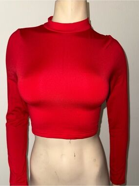 Red Long-Sleeve Mock Neck Crop Top